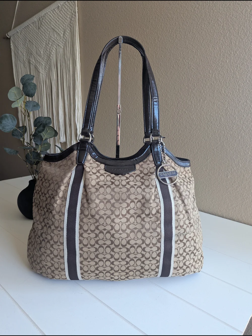 Coach Signature Stripe Devin Shoulder Tote Bag